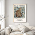 William Morris Grey Cat Print featuring a grey tabby cat surrounded by botanical flowers, decorative foliage and classic floral patterns inspired by Victorian design.