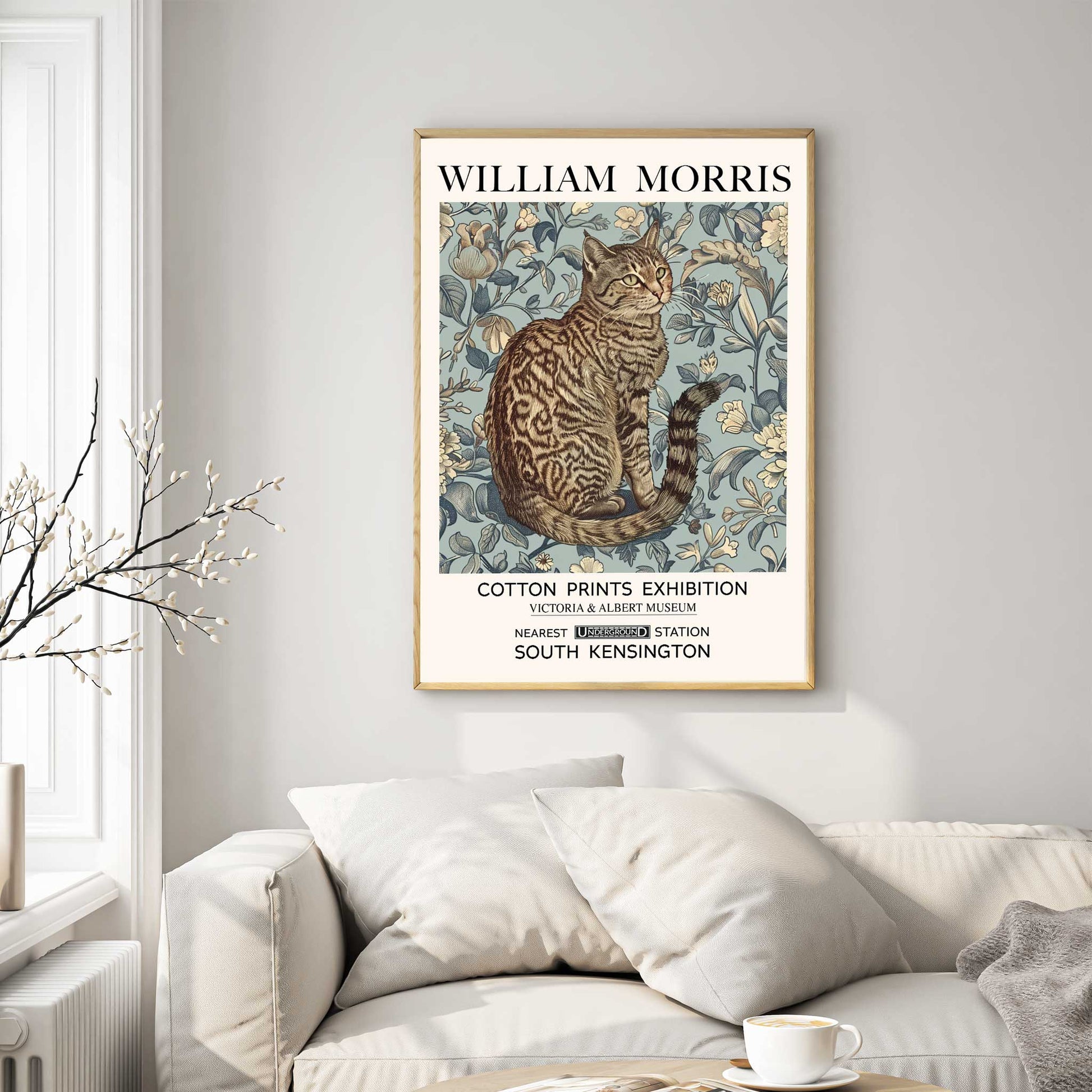 William Morris Grey Cat Print featuring a grey tabby cat surrounded by botanical flowers, decorative foliage and classic floral patterns inspired by Victorian design.