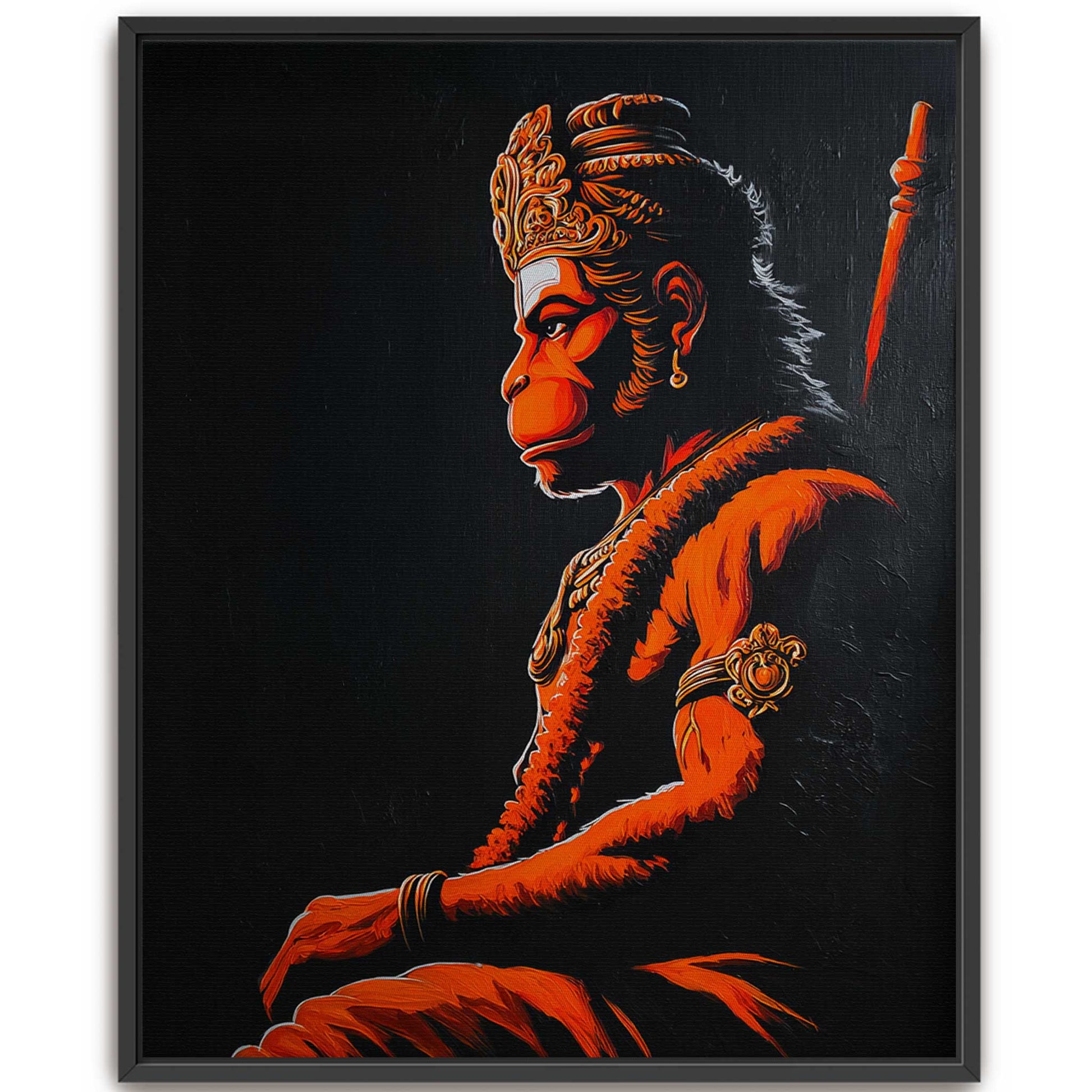 Modern framed canvas painting of Lord Hanuman in side profile with vibrant orange and black tones.