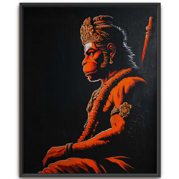 Modern framed canvas painting of Lord Hanuman in side profile with vibrant orange and black tones.