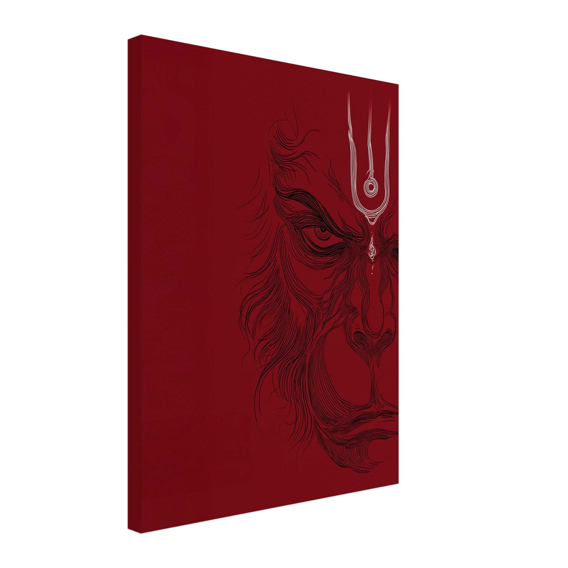 Framed crimson red Lord Hanuman canvas wall art, minimalist line art print for modern spiritual living spaces and yoga studios