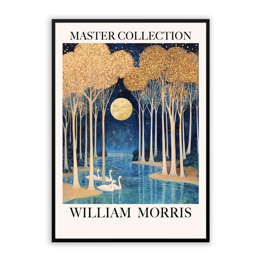 william morris print featuring full moon. golden forest, swans in lake, moonlit night and golden fireflies