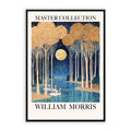 william morris print featuring full moon. golden forest, swans in lake, moonlit night and golden fireflies