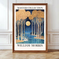 william morris print featuring full moon. golden forest, swans in lake, moonlit night and golden fireflies