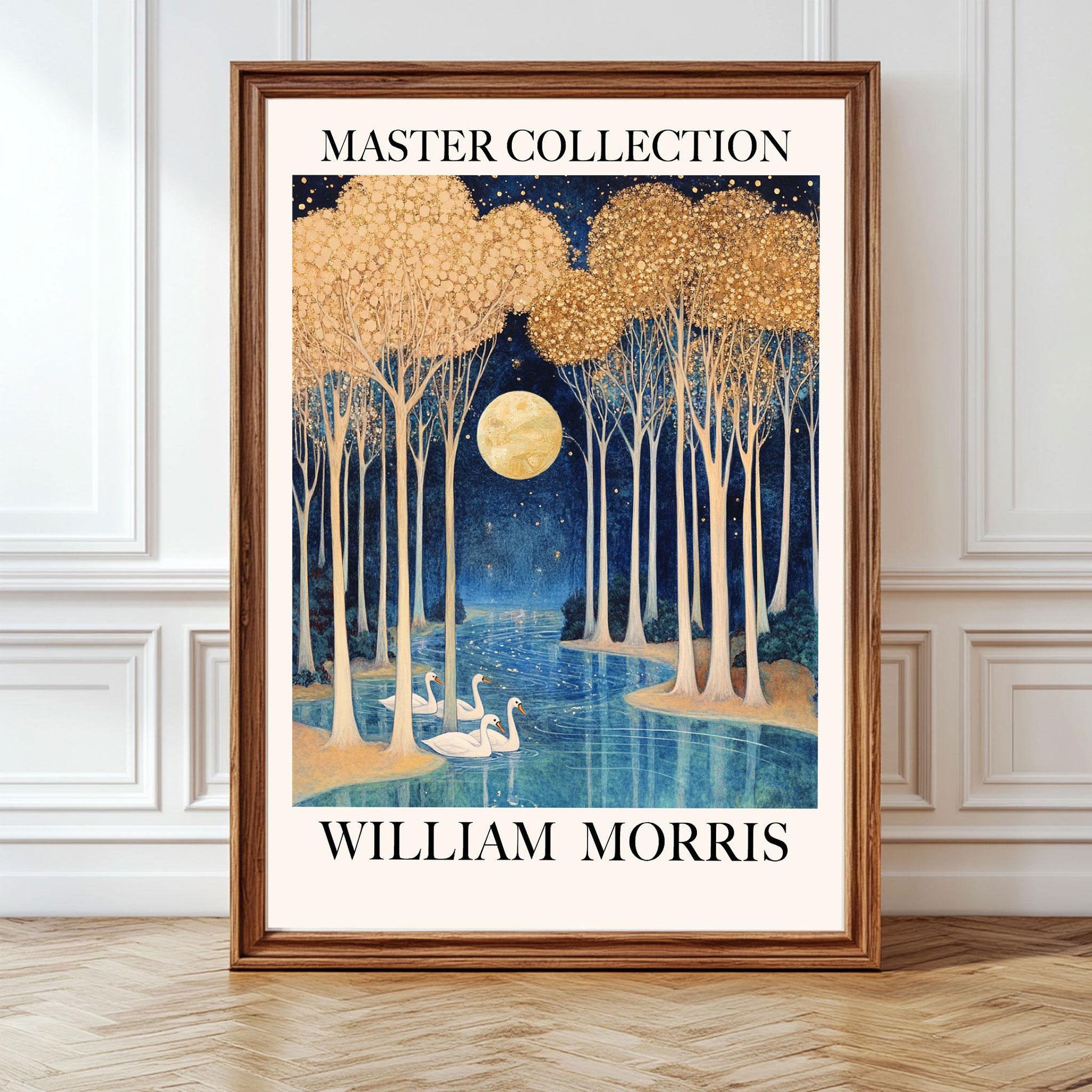 william morris print featuring full moon. golden forest, swans in lake, moonlit night and golden fireflies
