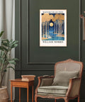 william morris print featuring full moon. golden forest, swans in lake, moonlit night and golden fireflies
