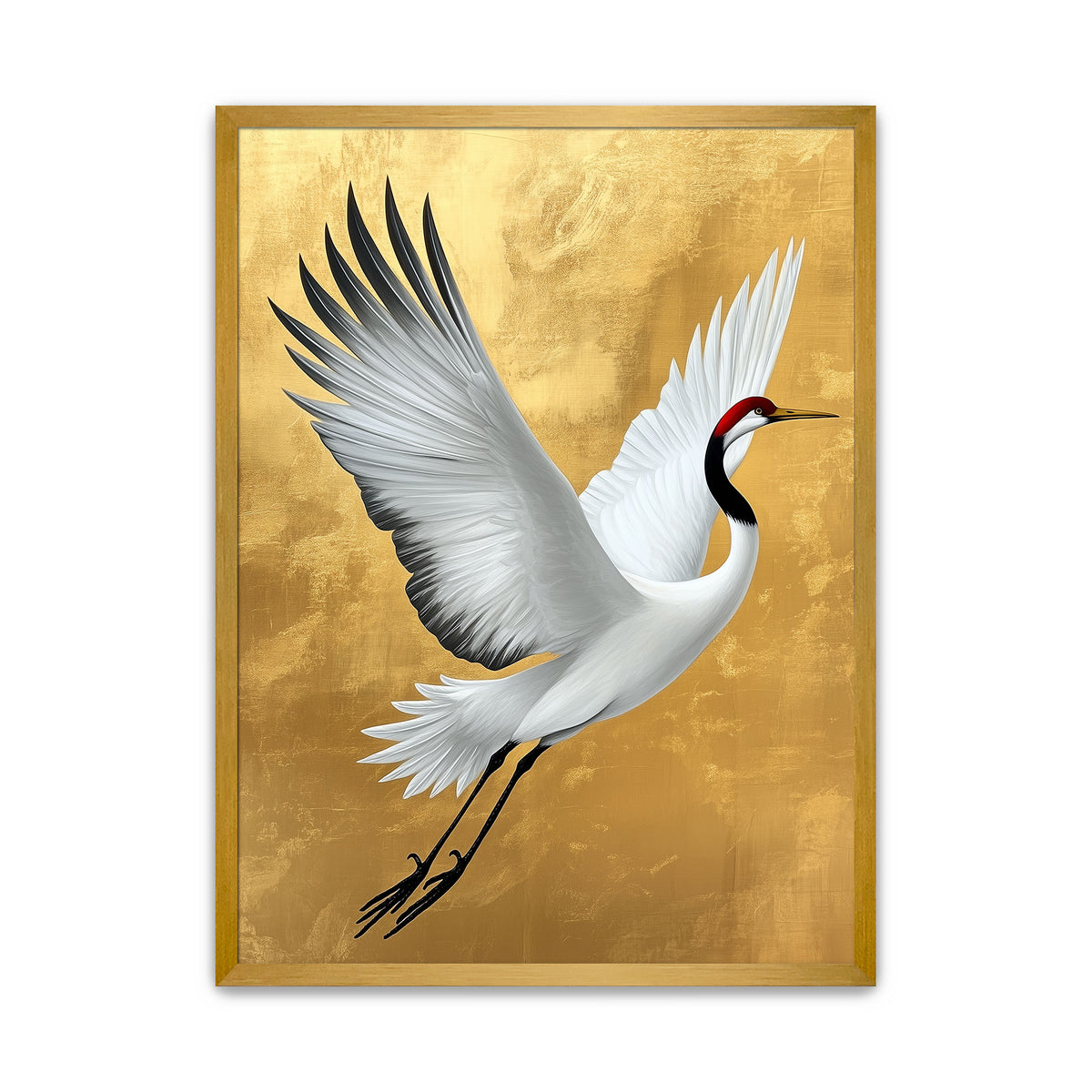 White red-crowned crane flying with wings spread wide against a textured gold background, Japanese crane art print.