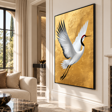 Large gold crane canvas wall art featuring a white bird in flight, displayed in a luxury cream living room.
