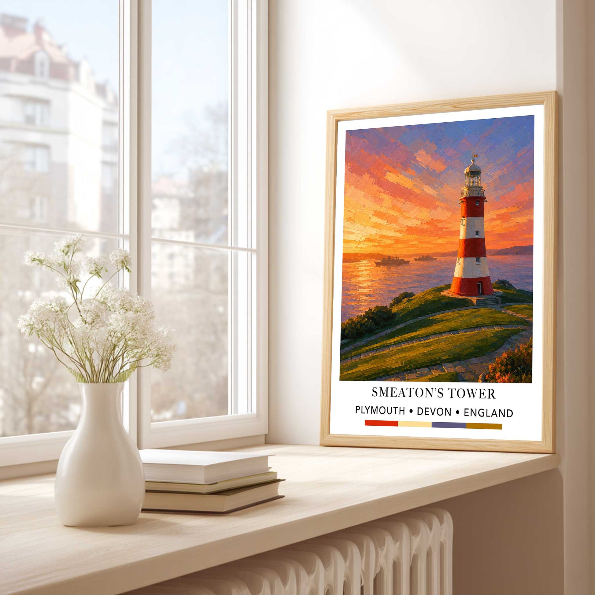 
Plymouth lighthouse print of Smeaton’s Tower overlooking the sea at sunset