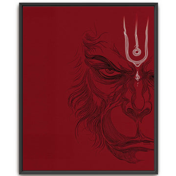 Framed crimson red Lord Hanuman canvas wall art, minimalist line art print for modern spiritual living spaces and yoga studios