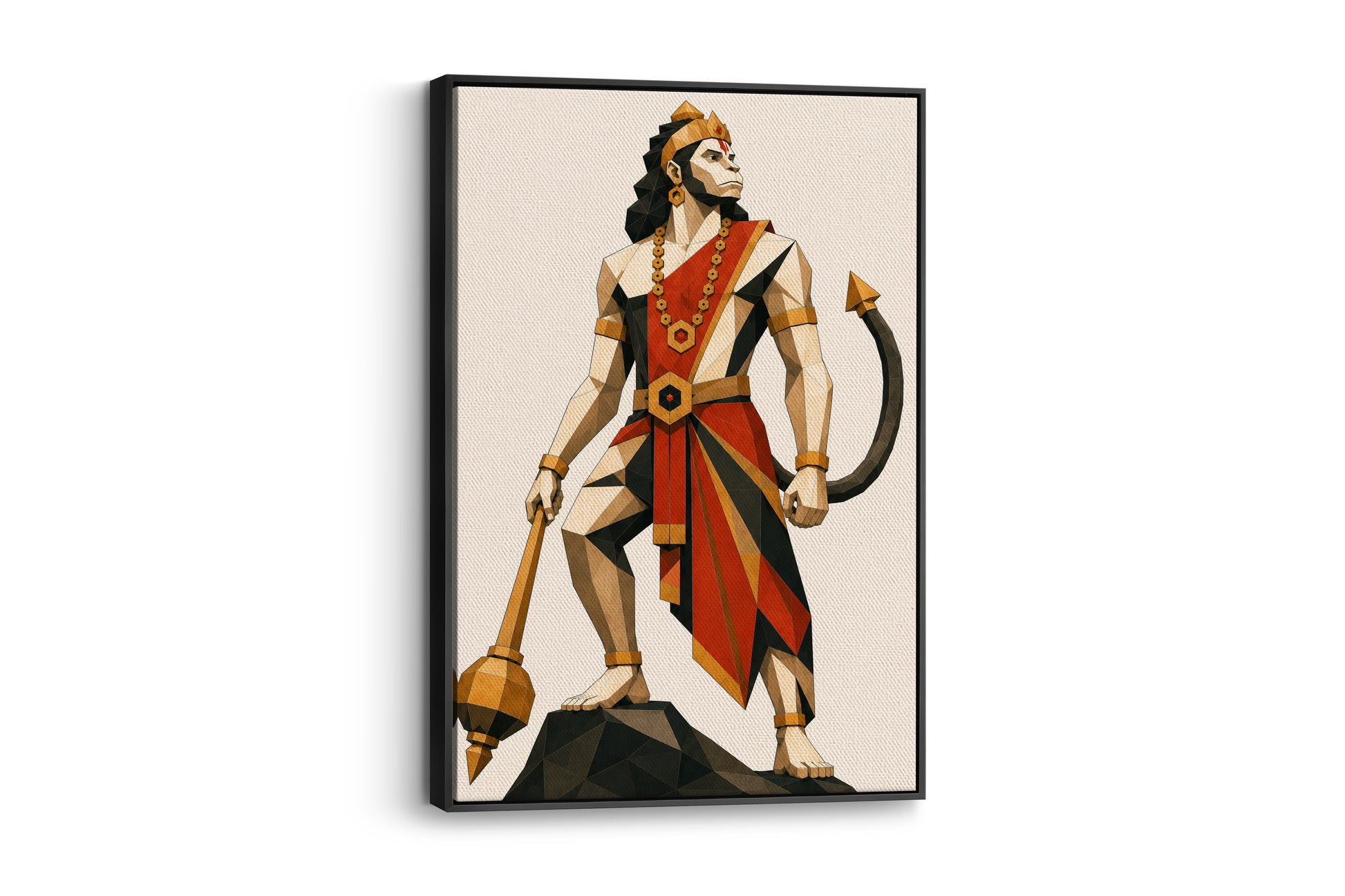 Modern Lord Hanuman  black frame canvas wall art print for home decor, showing the deity in a majestic warrior pose.