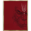 Framed crimson red Lord Hanuman gold frame canvas wall art, minimalist line art print for modern spiritual living spaces and yoga studios