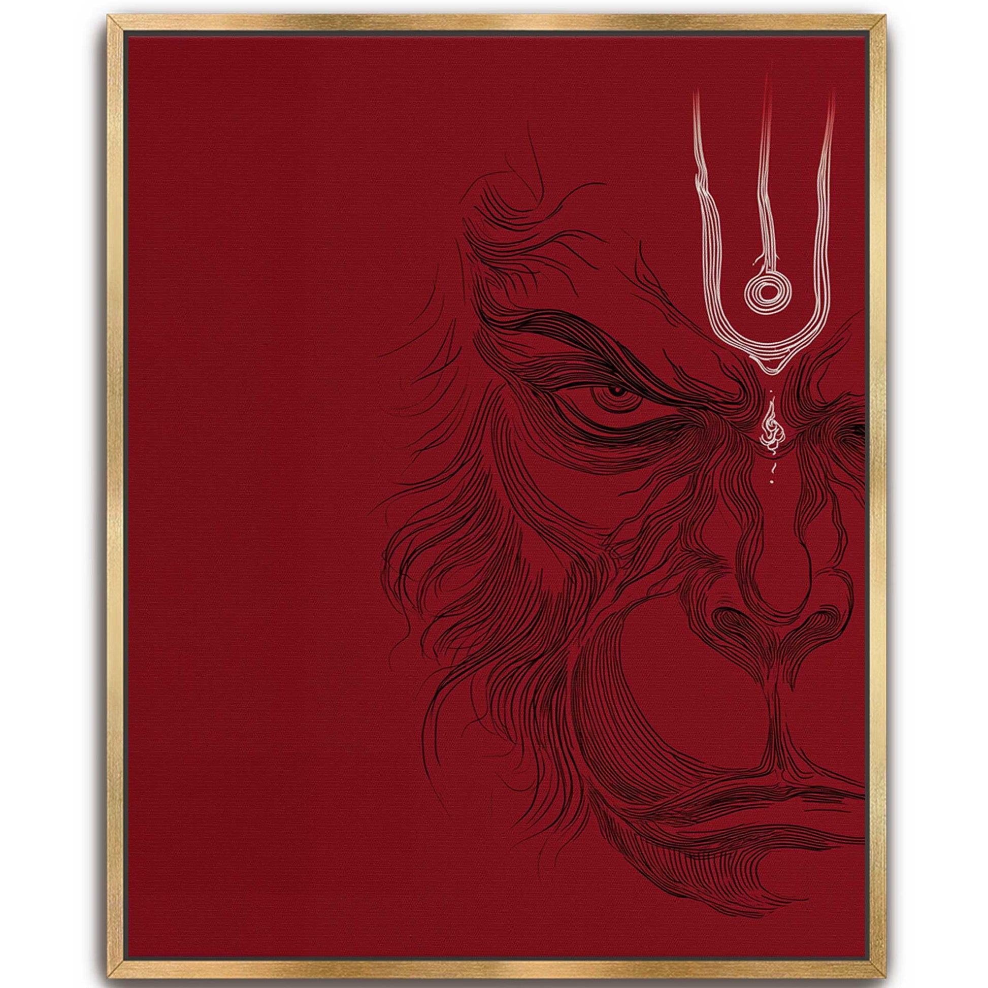 Framed crimson red Lord Hanuman gold frame canvas wall art, minimalist line art print for modern spiritual living spaces and yoga studios