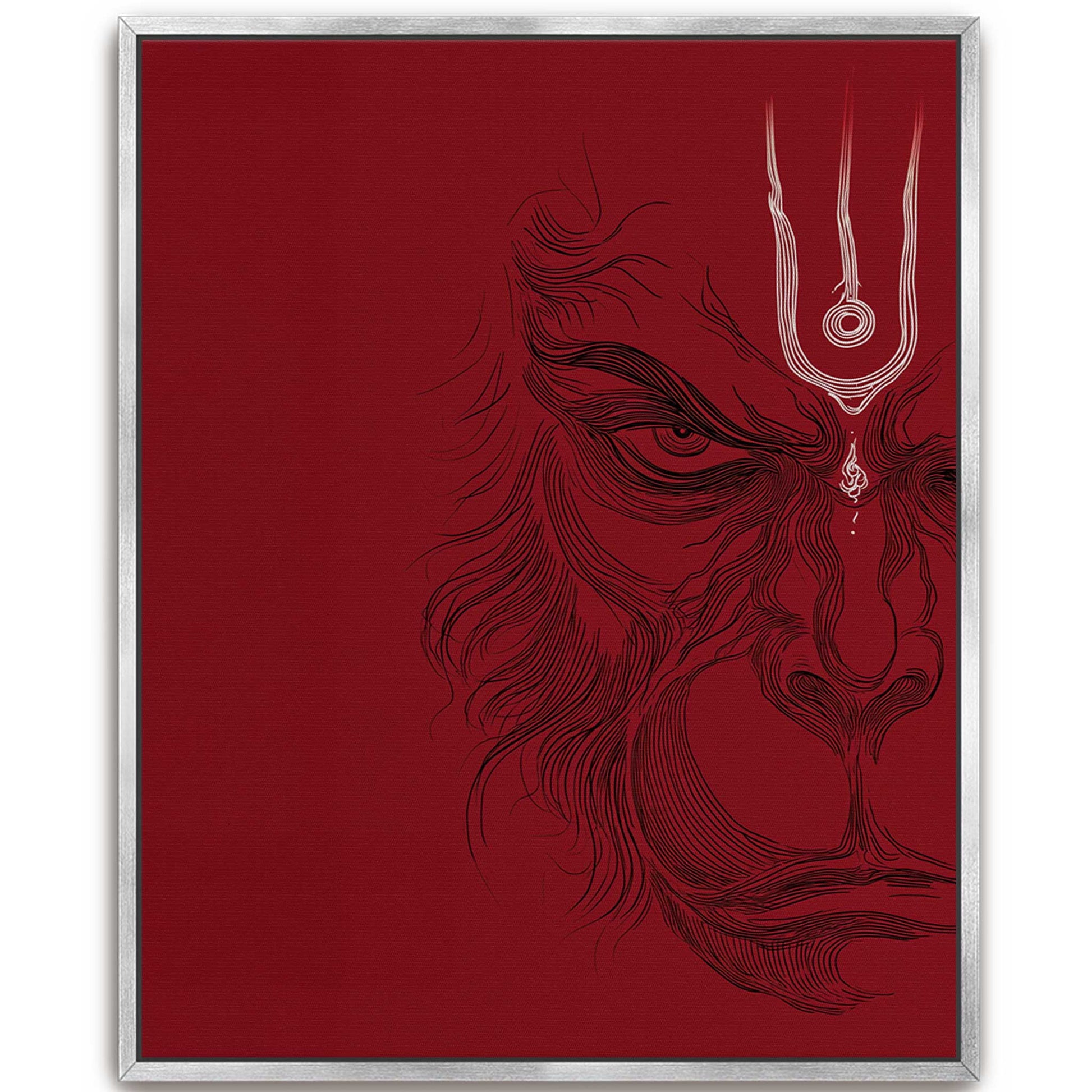 Framed crimson red Lord Hanuman silver frame canvas wall art, minimalist line art print for modern spiritual living spaces and yoga studios