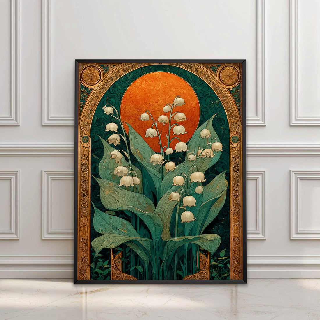 Art Deco Lily of the Valley Print – Orange & Gold Floral Wall Art