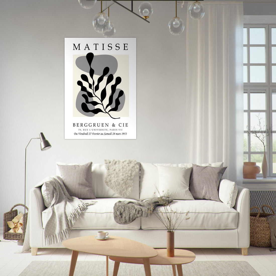 Black botanical Matisse print with abstract leaf shapes and grey shapes on a cream background, Matisse cut out print
