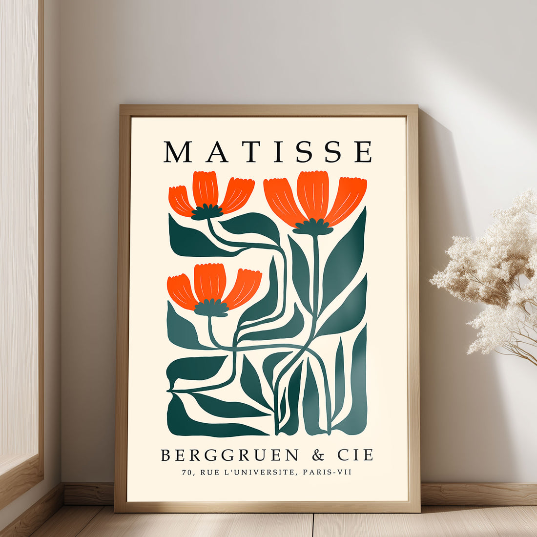 Matisse design featuring orange flowers and green leaves on a beige background.
