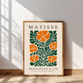 Matisse flower print with orange flowers and green botanical leaves. Botanical wall art, floral wall art, Matisse wall art, Henri Matisse print, botanical print and mid century wall art.