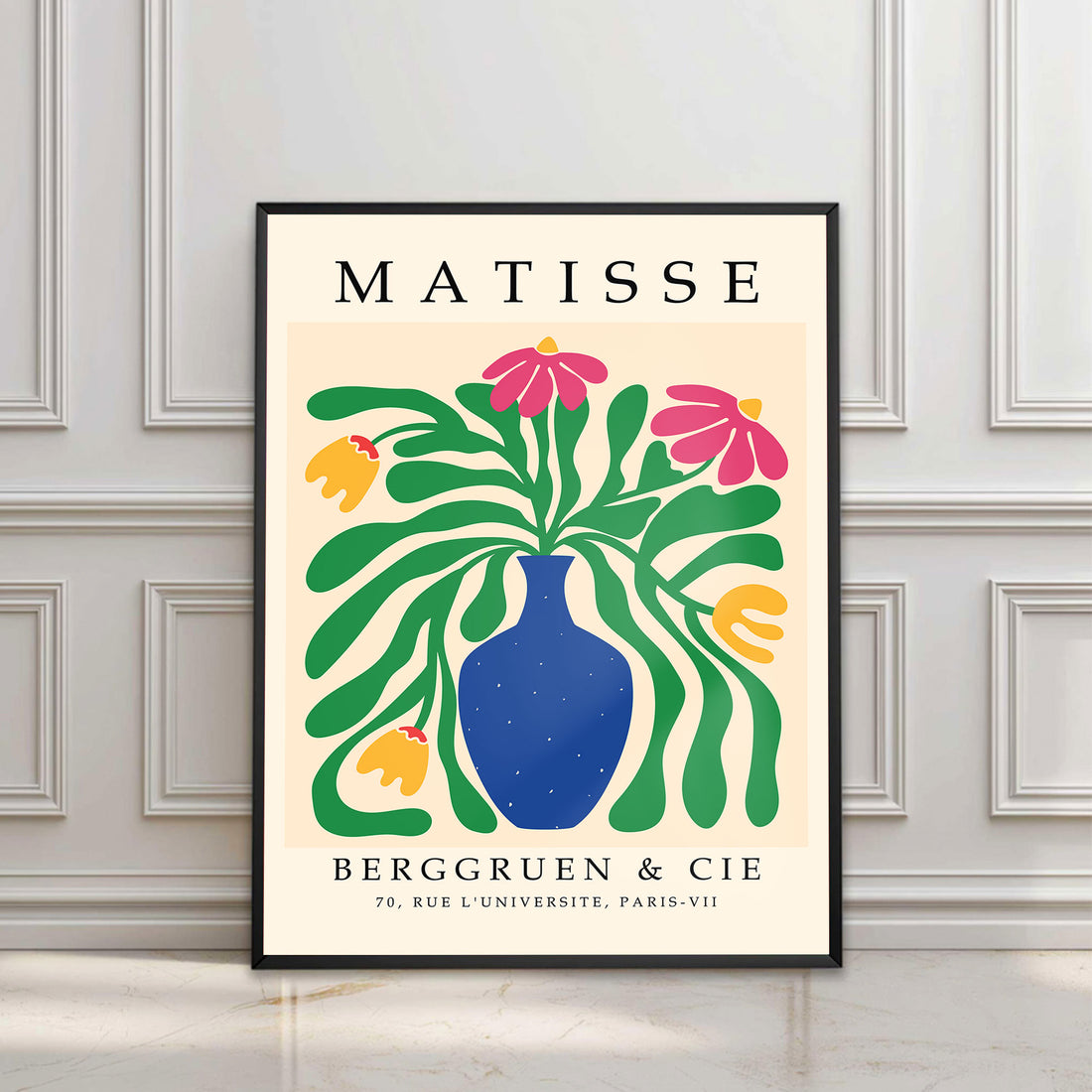 Matisse floral cut out print with pink flowers, green leaves and blue vase