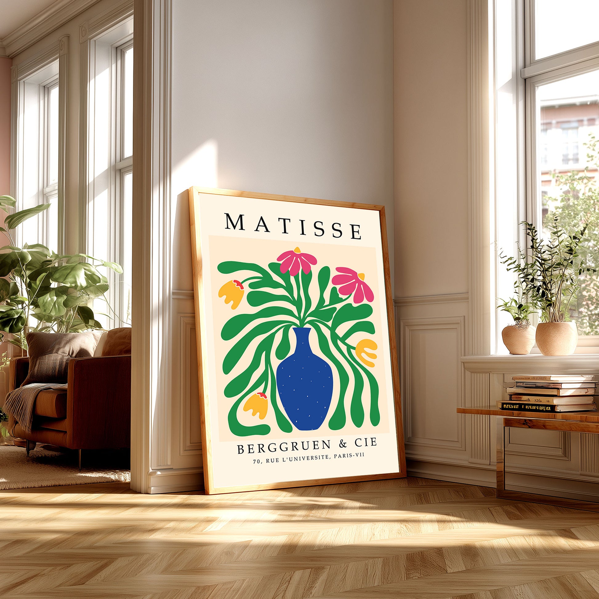Matisse floral cut out print with pink flowers, green leaves and blue vase