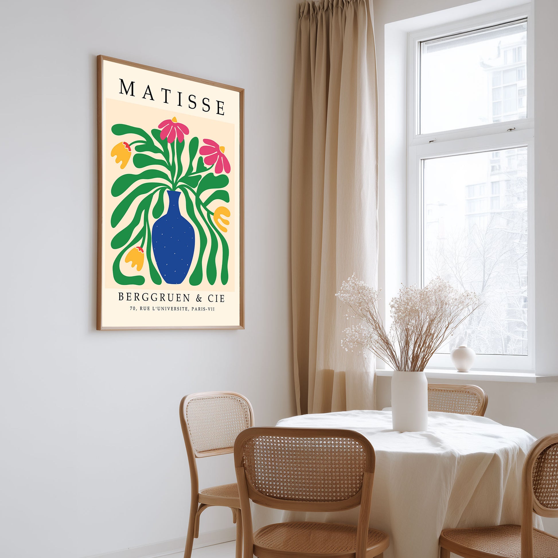 Matisse floral cut out print with pink flowers, green leaves and blue vase