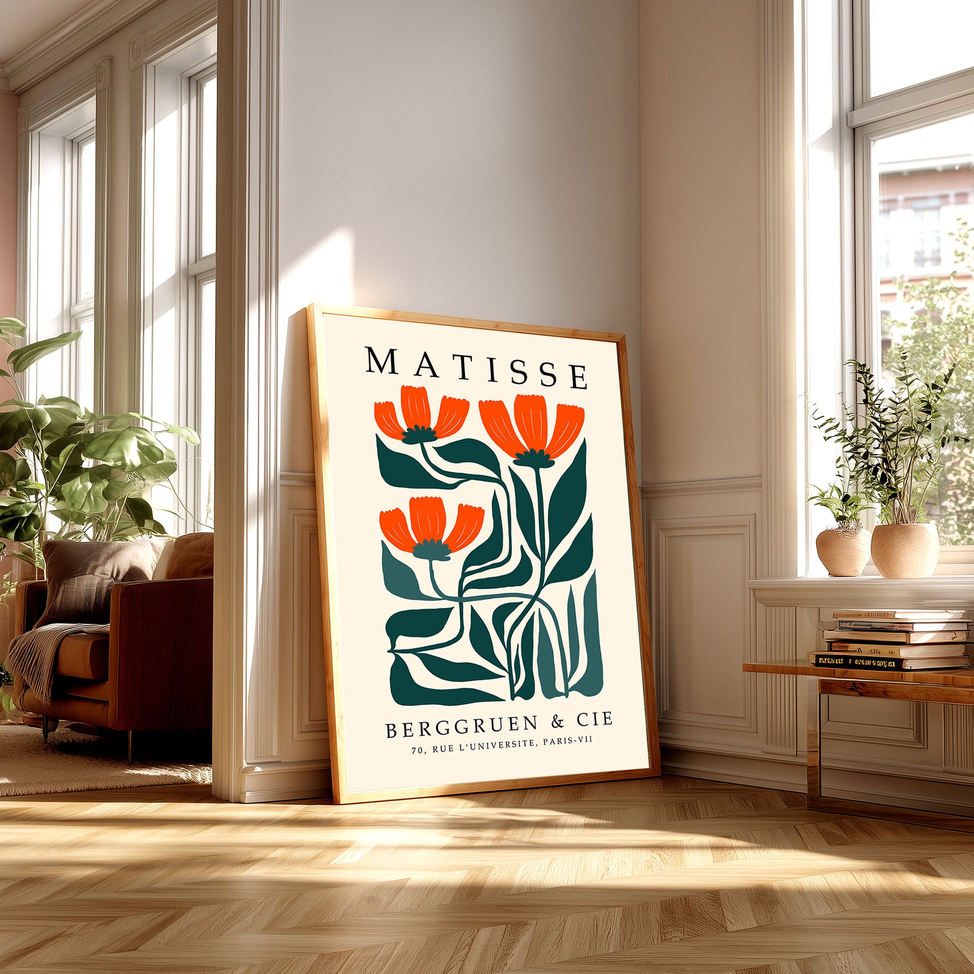Matisse orange flower print with orange flowers and green leaves. Henri Matisse print, botanical wall art, floral wall art, flower wall art, Matisse poster, botanical print and mid century wall art