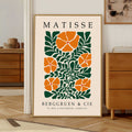 Matisse flower print with orange flowers and green botanical leaves. Botanical wall art, floral wall art, Matisse wall art, Henri Matisse print, botanical print and mid century wall art.