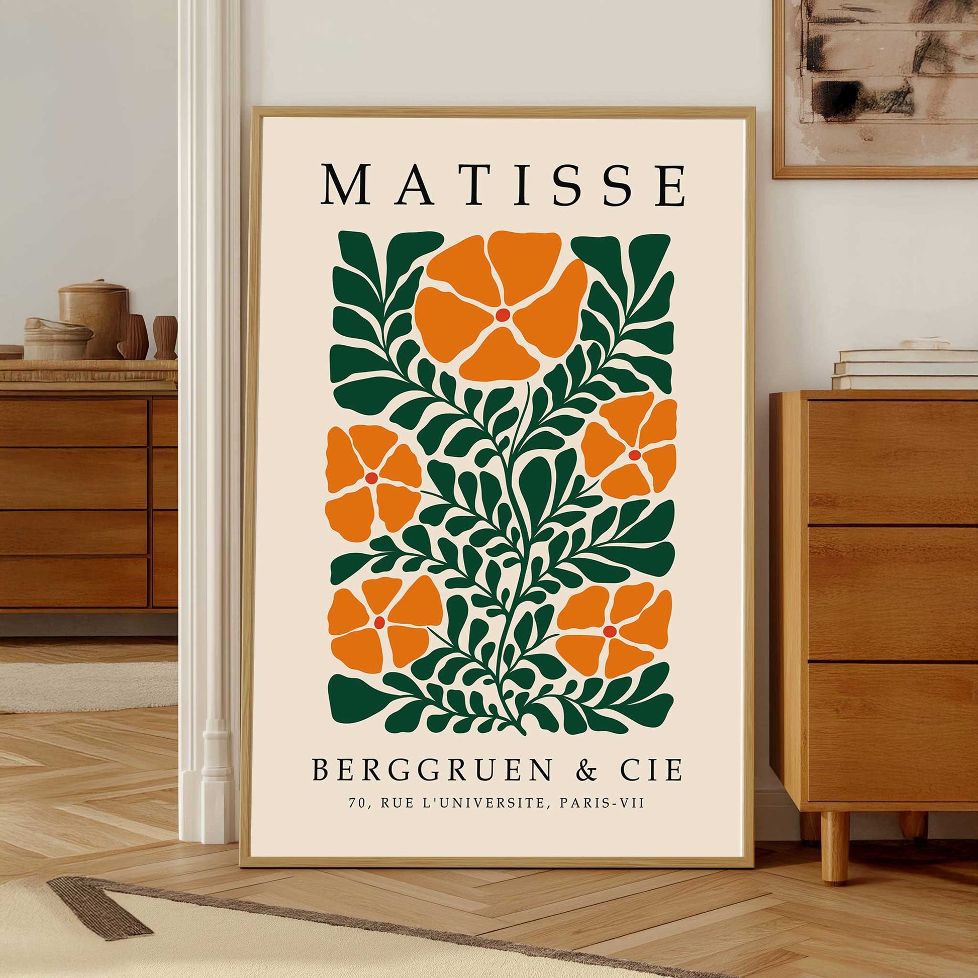 Matisse flower print with orange flowers and green botanical leaves. Botanical wall art, floral wall art, Matisse wall art, Henri Matisse print, botanical print and mid century wall art.