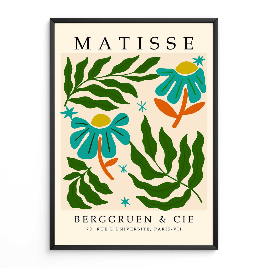 
Matisse botanical print with flowers, leaves and cut out style shapesFramed Matisse poster with floral design and text on a beige background