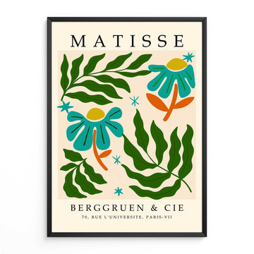 
Matisse botanical print with flowers, leaves and cut out style shapesFramed Matisse poster with floral design and text on a beige background