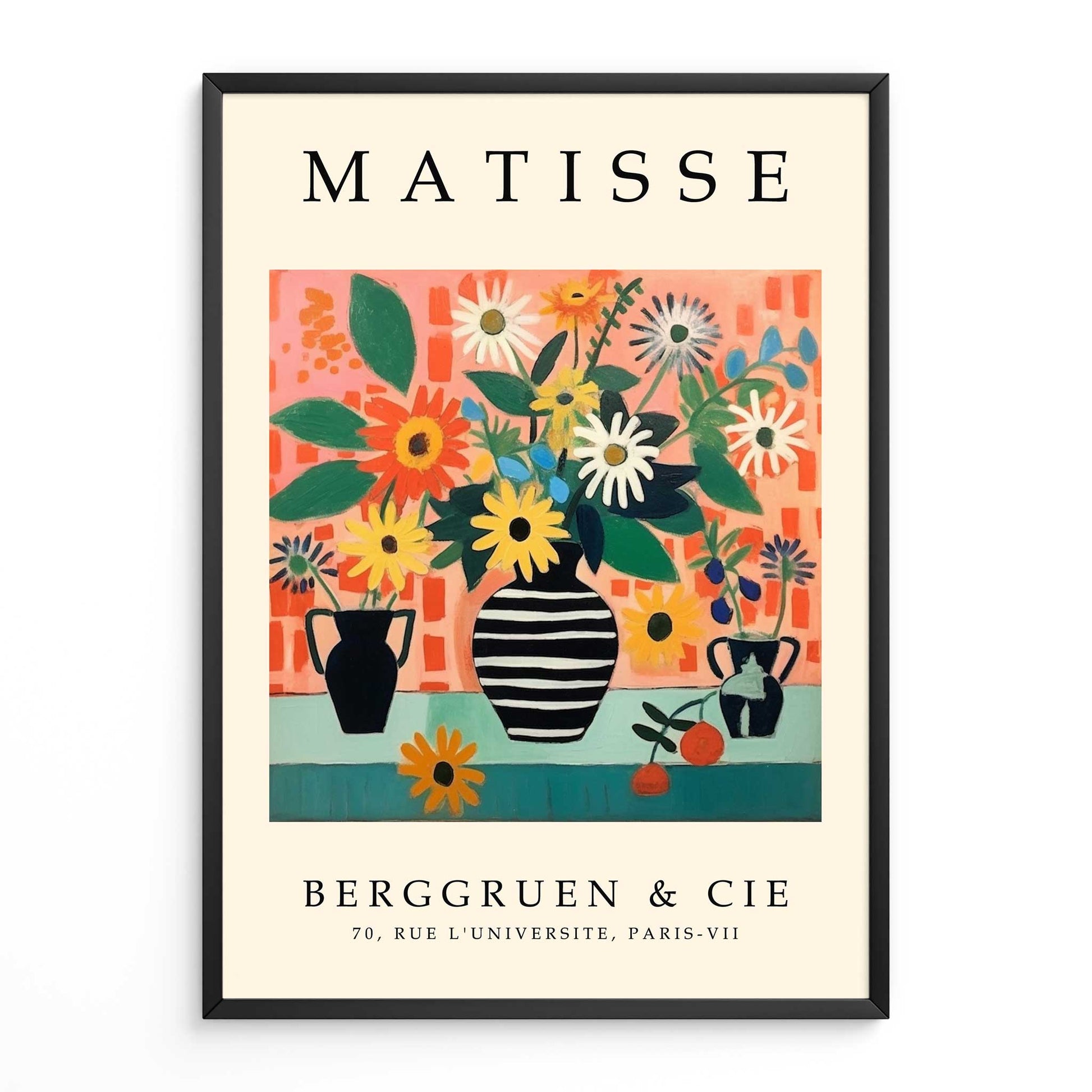 Matisse floral still life print with colourful flowers in a striped vase