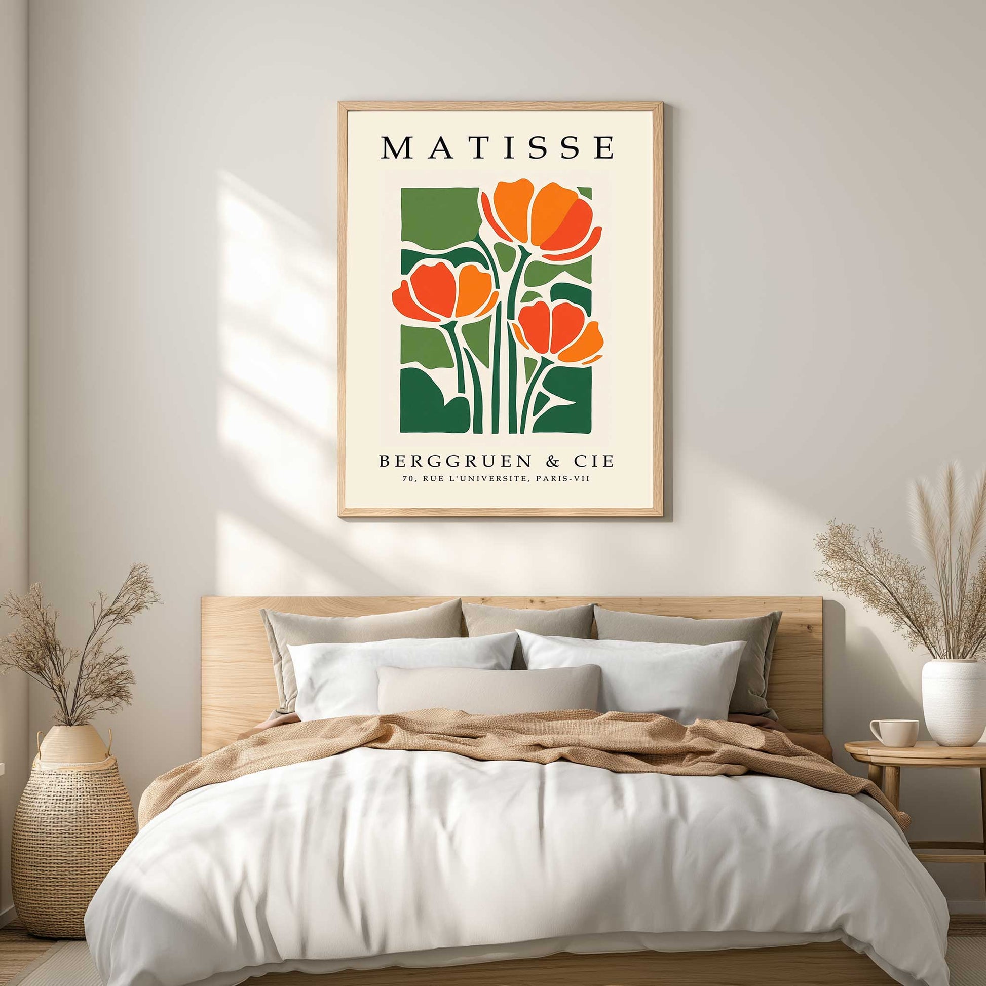 Matisse tulip print with orange tulips and green botanical leaves Framed Matisse poster with orange flowers and green leaves on a beige background