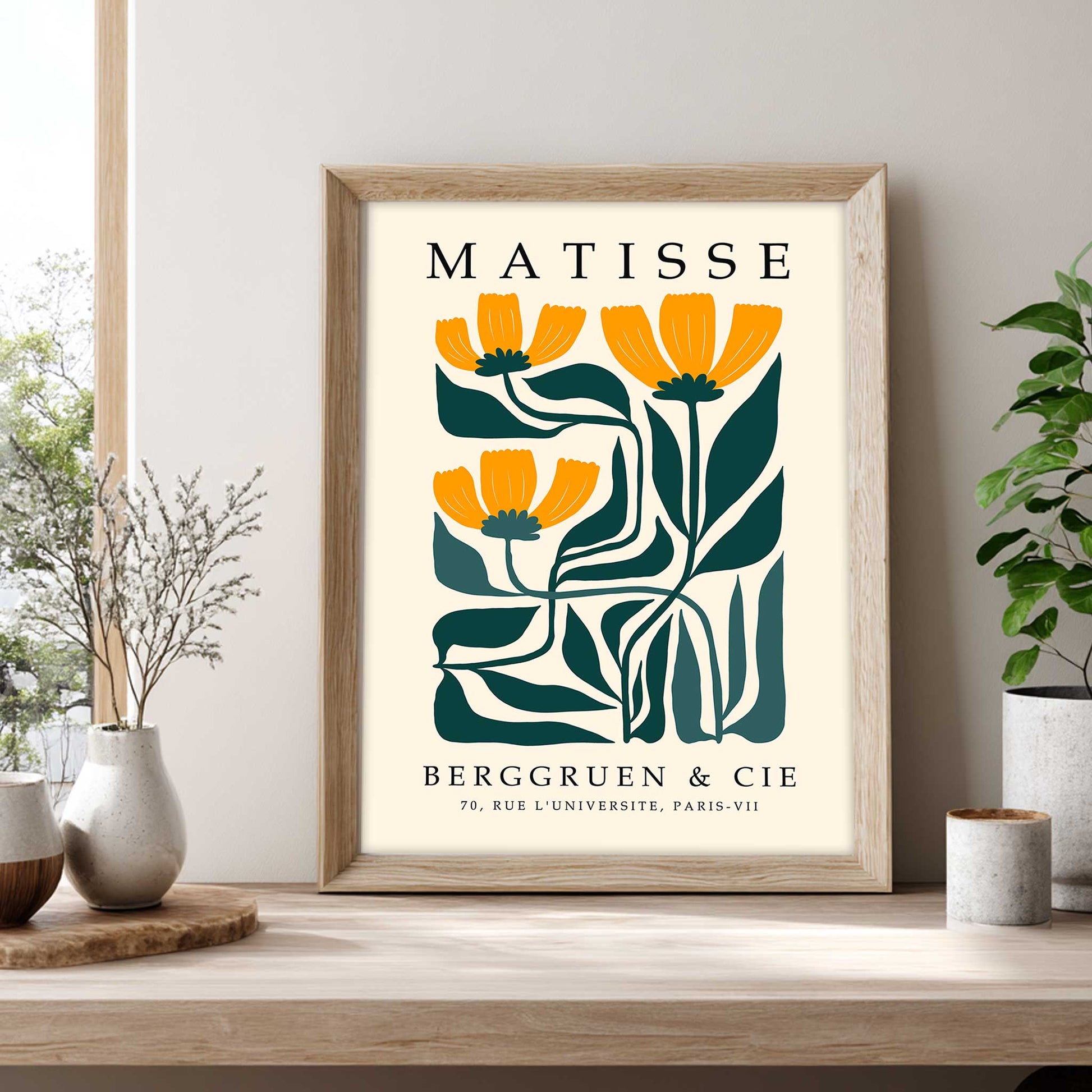 Matisse Yellow flower print with orange flowers and green leaves. Henri Matisse print, botanical wall art, floral wall art, flower wall art, Matisse poster, botanical print and mid century wall art