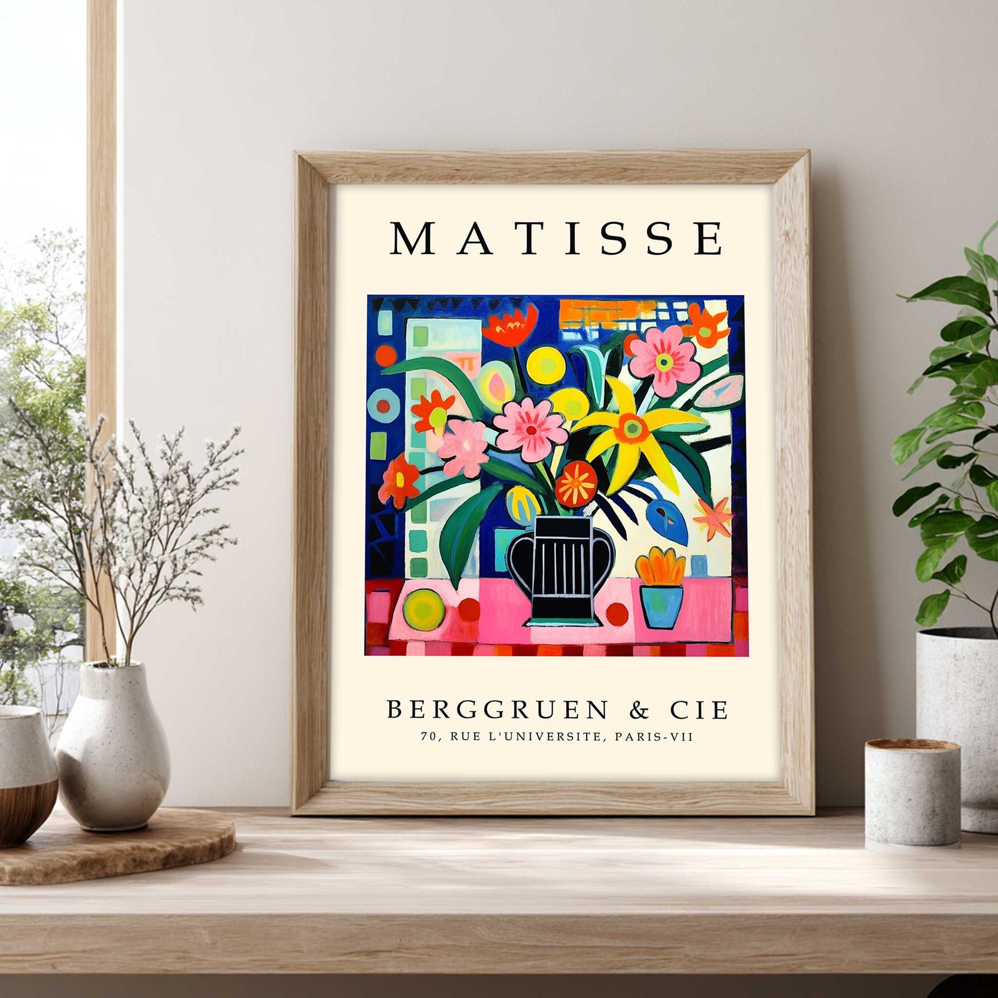Matisse floral still life print with colourful flowers in a black vase