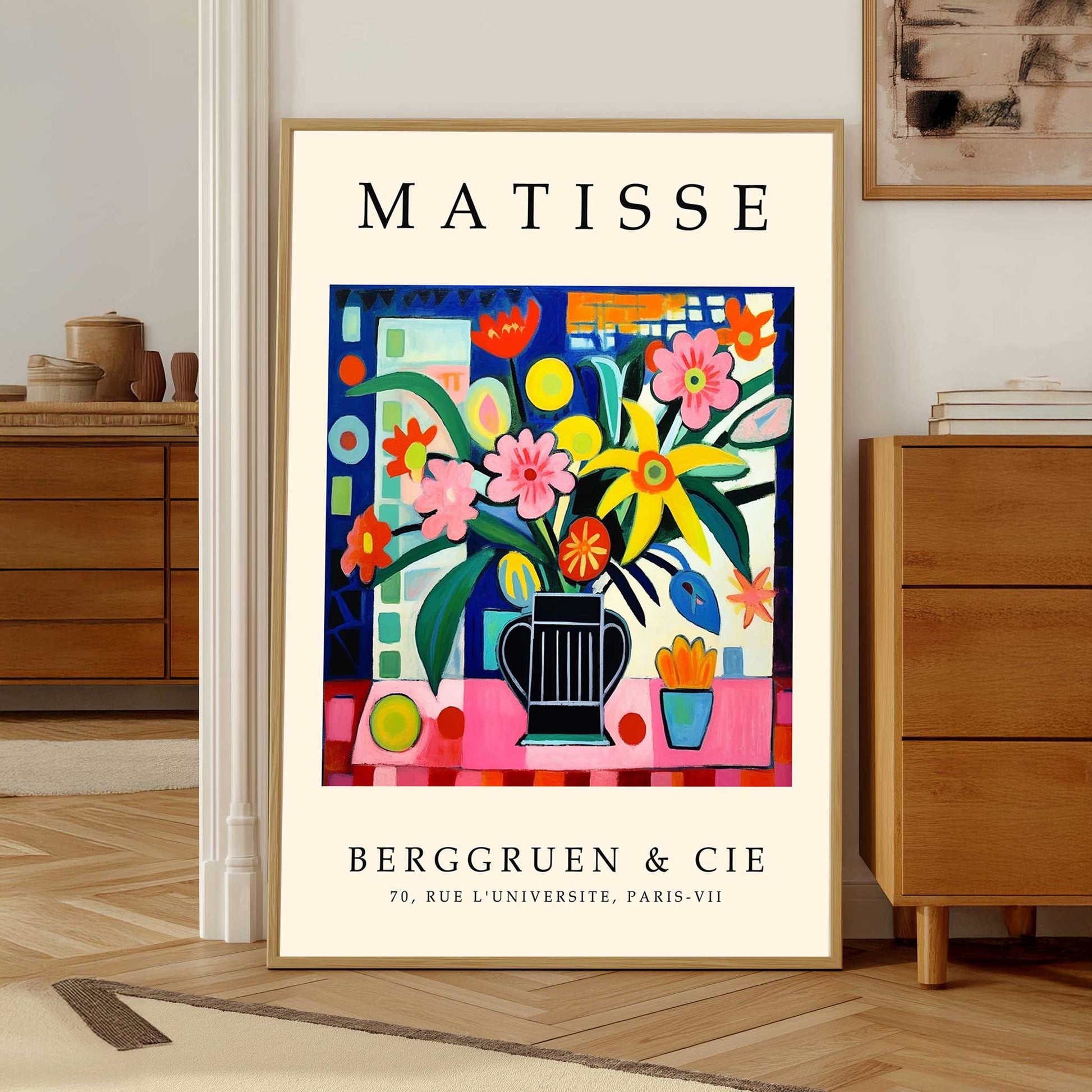 Matisse floral still life print with colourful flowers in a black vase