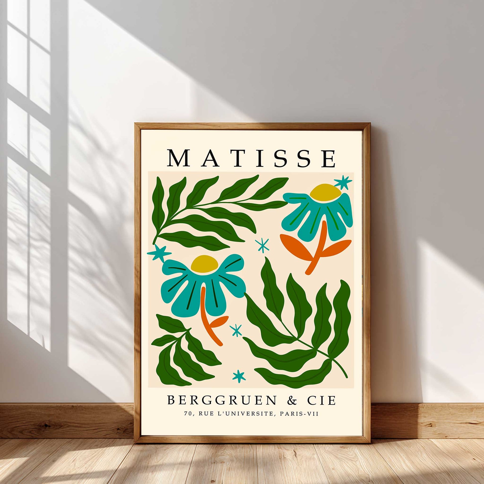 
Matisse botanical print with flowers, leaves and cut out style shapes