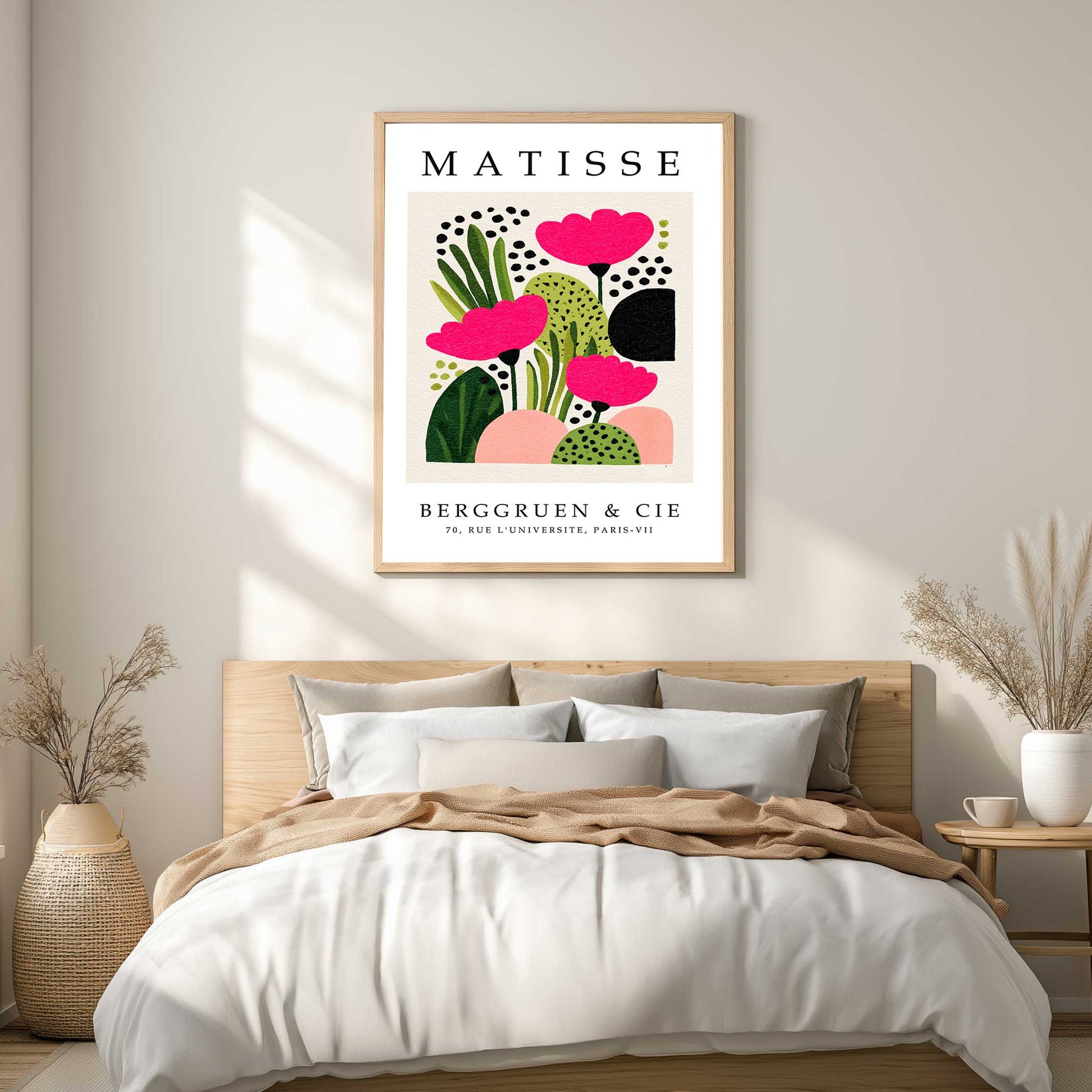 Matisse pink flower print with pink flowers, green botanical shapes and abstract floral forms. Pink flower wall art, Scandinavian floral print, botanical wall art, Henri Matisse print, floral wall art and modern botanical print.