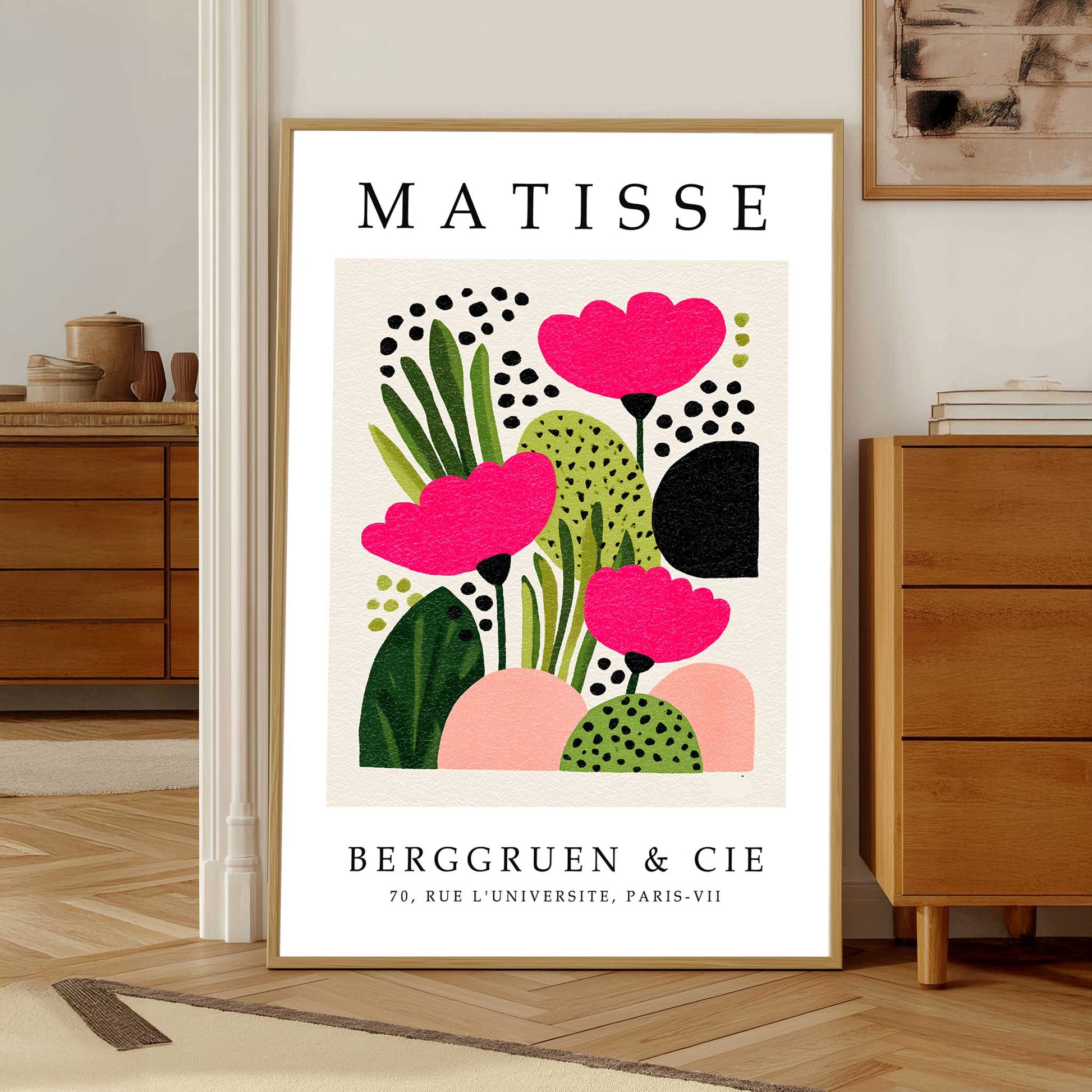 Matisse pink flower print with pink flowers, green botanical shapes and abstract floral forms. Pink flower wall art, Scandinavian floral print, botanical wall art, Henri Matisse print, floral wall art and modern botanical print.