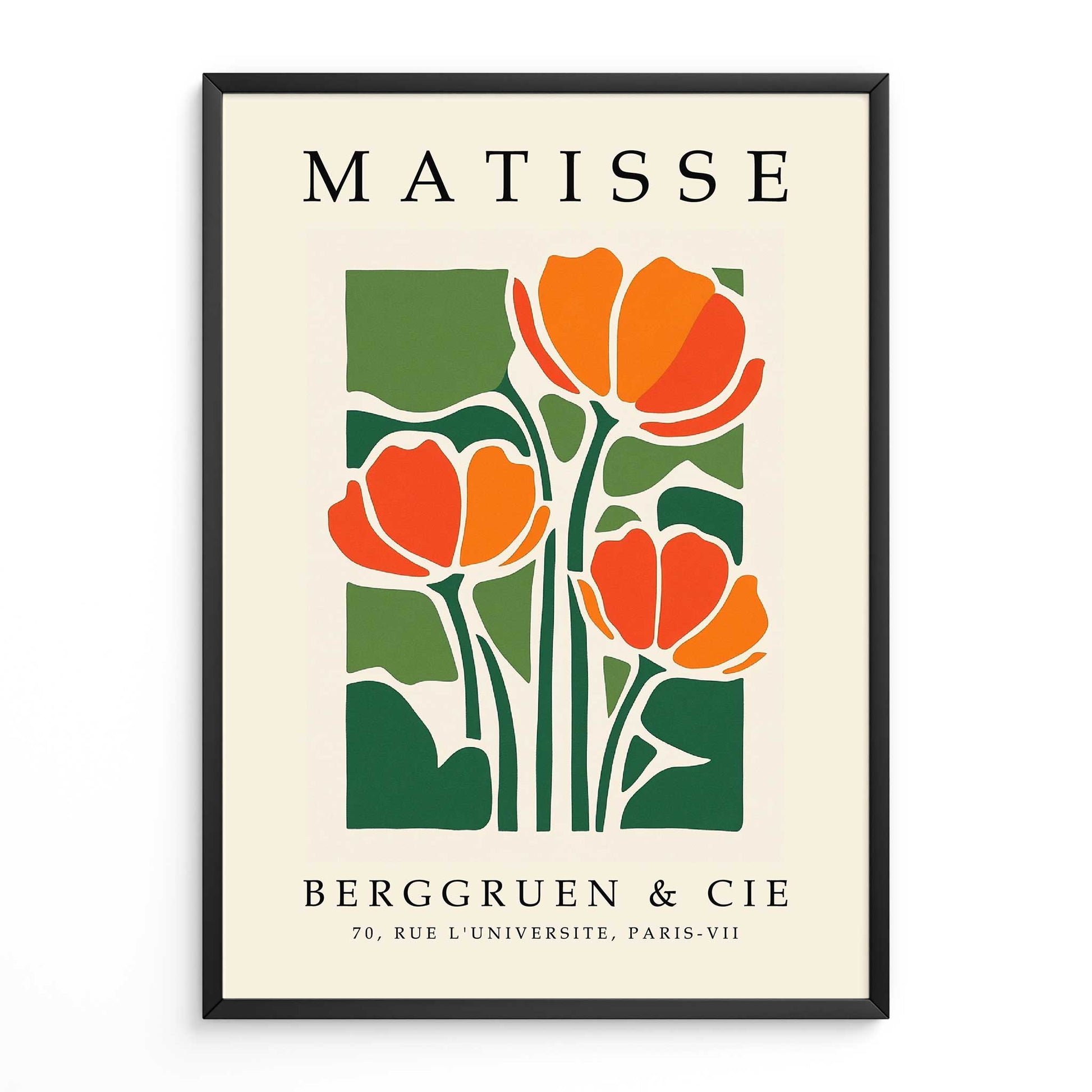 Matisse tulip print with orange tulips and green botanical leaves Framed Matisse poster with orange flowers and green leaves on a beige background