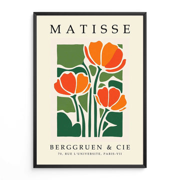 Matisse tulip print with orange tulips and green botanical leaves Framed Matisse poster with orange flowers and green leaves on a beige background
