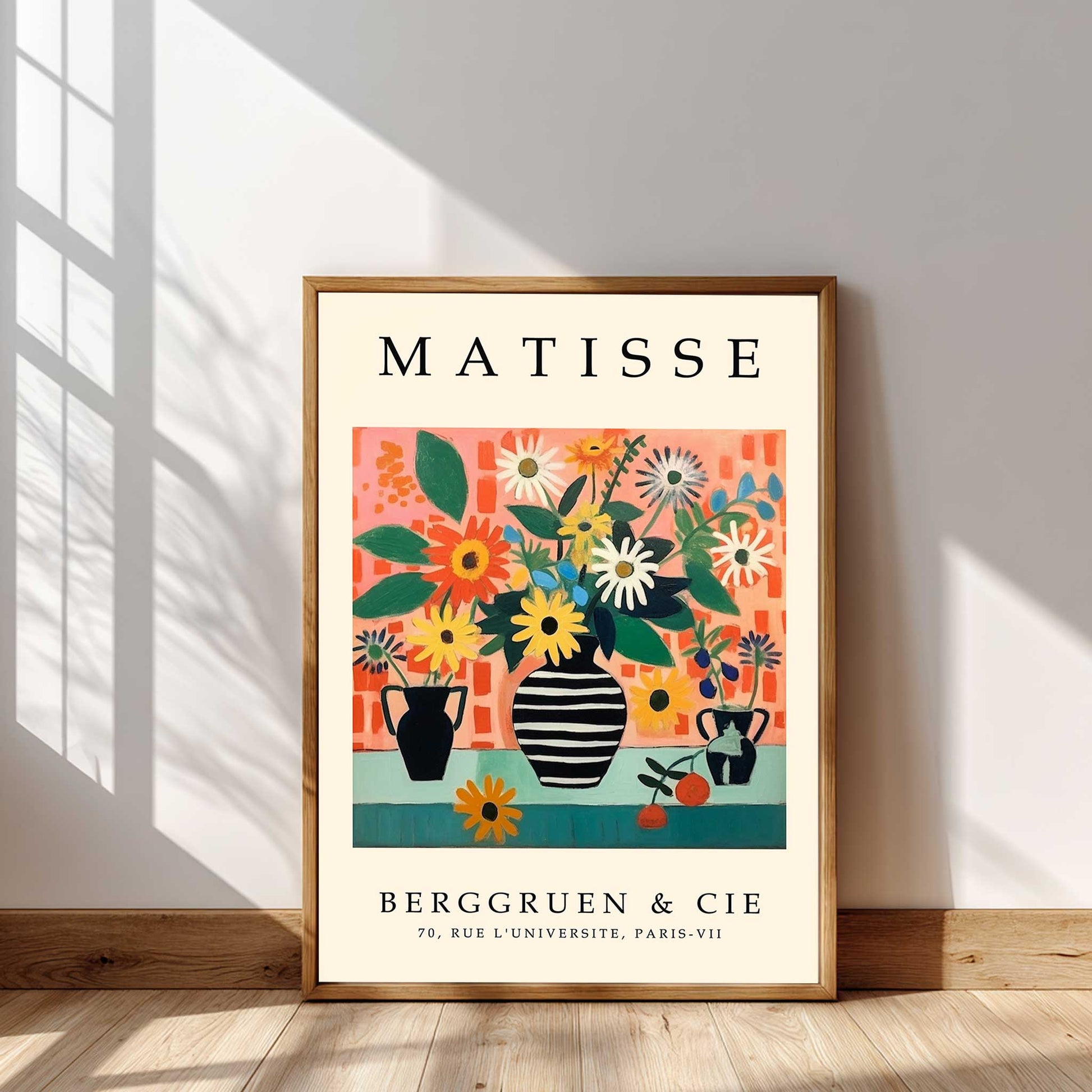 Matisse floral still life print with colourful flowers in a striped vase