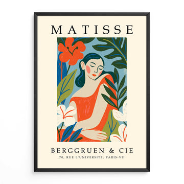Matisse woman portrait print featuring a female figure surrounded by botanical leaves and flowers. Woman wall art and portrait print