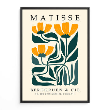 Matisse Yellow flower print with orange flowers and green leaves. Henri Matisse print, botanical wall art, floral wall art, flower wall art, Matisse poster, botanical print and mid century wall art