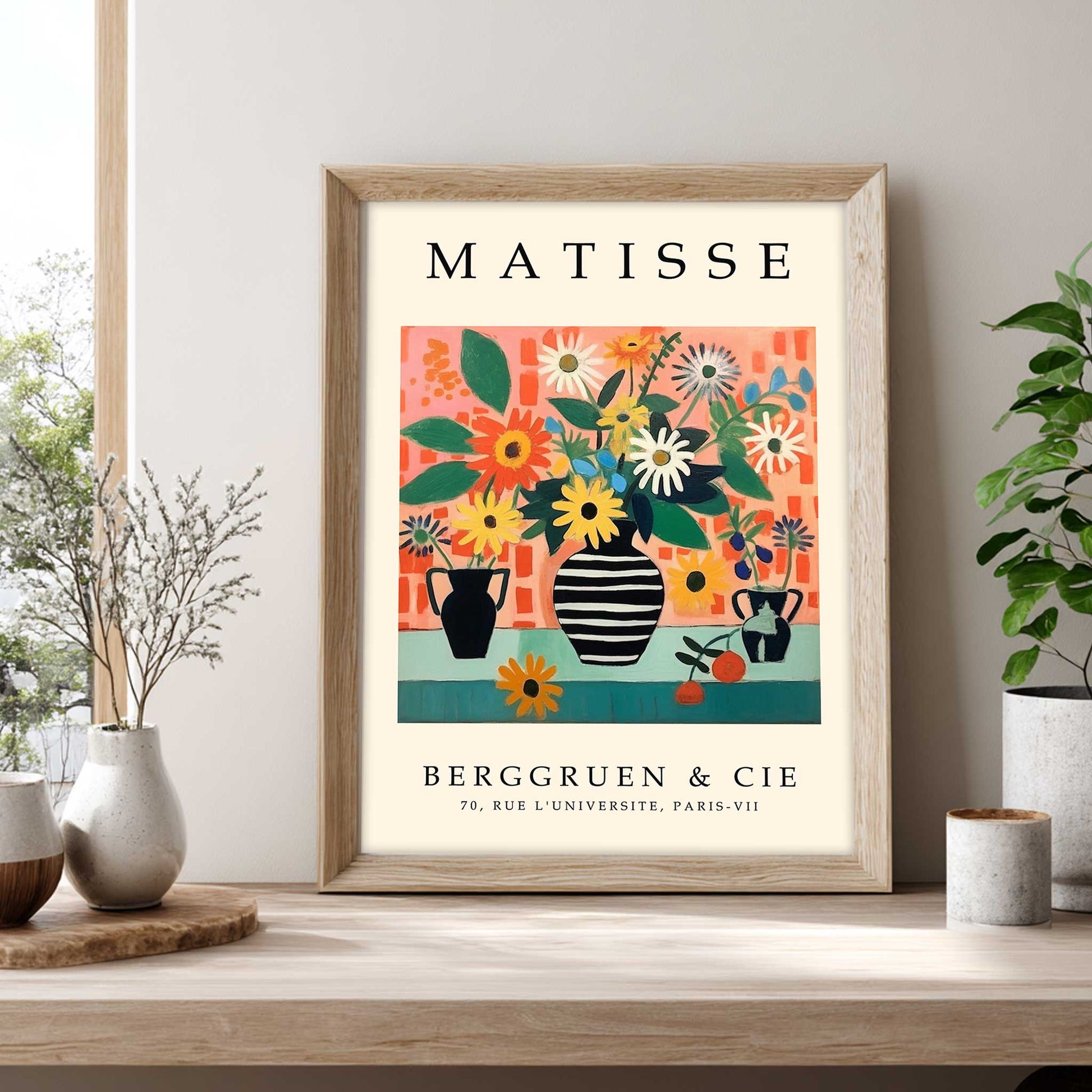 Matisse floral still life print with colourful flowers in a striped vase