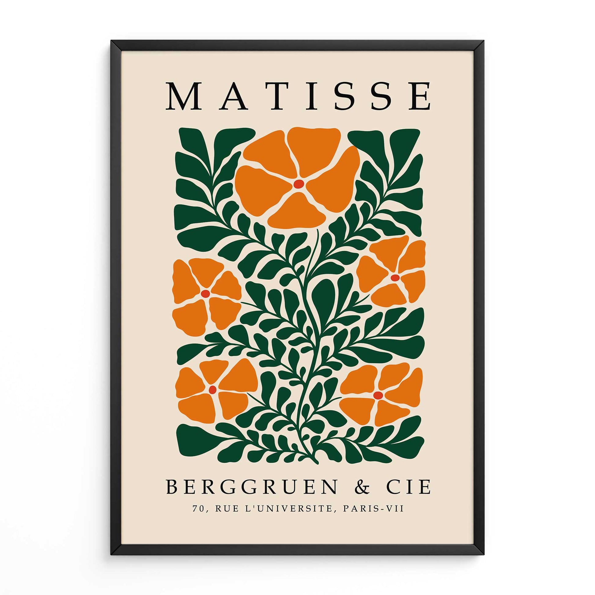 Matisse flower print with orange flowers and green botanical leaves. Botanical wall art, floral wall art, Matisse wall art, Henri Matisse print, botanical print and mid century wall art.