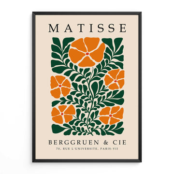 Matisse flower print with orange flowers and green botanical leaves. Botanical wall art, floral wall art, Matisse wall art, Henri Matisse print, botanical print and mid century wall art.