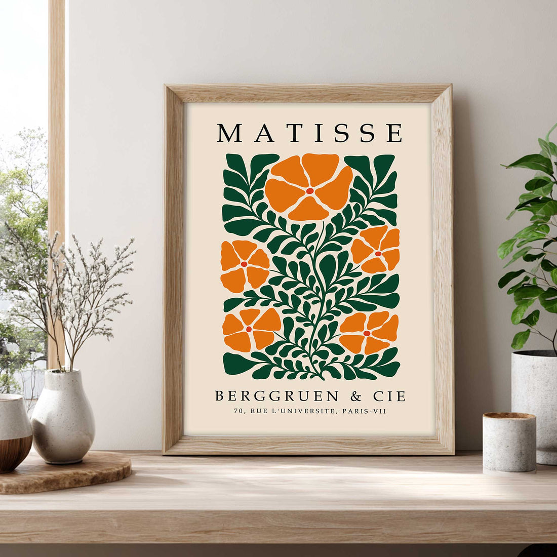 Matisse flower print with orange flowers and green botanical leaves. Botanical wall art, floral wall art, Matisse wall art, Henri Matisse print, botanical print and mid century wall art.