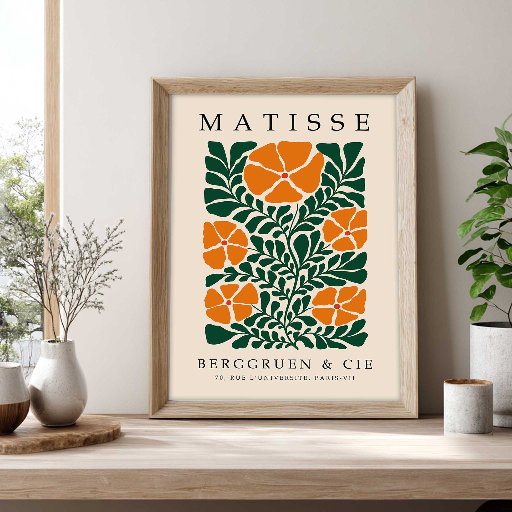 Matisse flower print with orange flowers and green botanical leaves. Botanical wall art, floral wall art, Matisse wall art, Henri Matisse print, botanical print and mid century wall art.