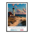 Framed artwork of a lighthouse on a beach with a bicycle and flowers, set against a blue sky.