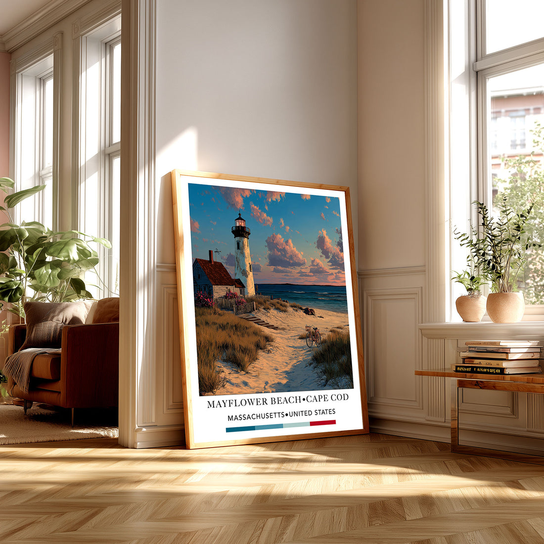 Framed artwork of a lighthouse on a beach with a bicycle and flowers, set against a blue sky.